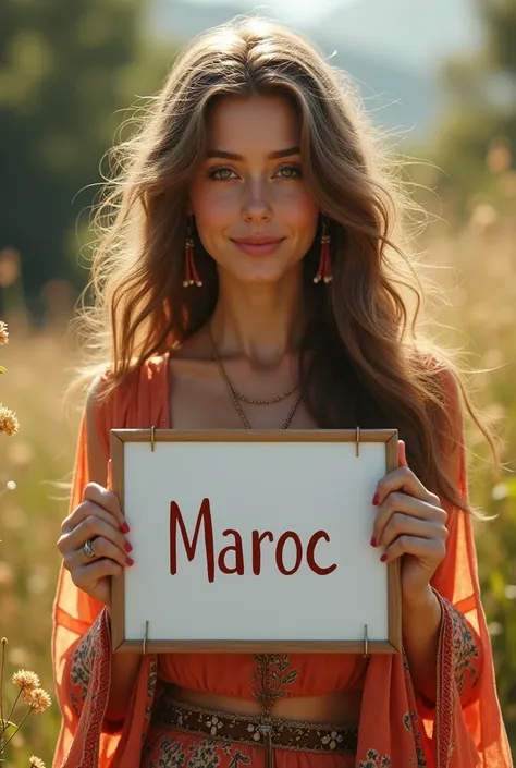 Beautiful girl with wavy long hair, bohemian dress, holding a white board with text "Maroc" and showing it to the viewer