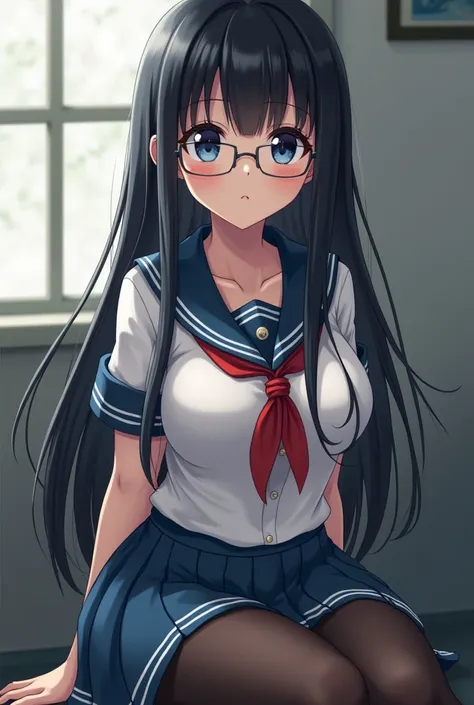 A woman with long black hair and short bangs, marine blue eyes, pale skin and full, pink lips. She wears a schoolgirl uniform with black stockings hugging her thighs., big boobs and glasses.