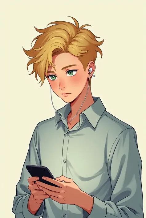 17 year old boy with golden hair, light sea green eyes white skin , Lean, with earrings in the ears, looking at his cell phone while sitting with an earphone in one ear. アニメ