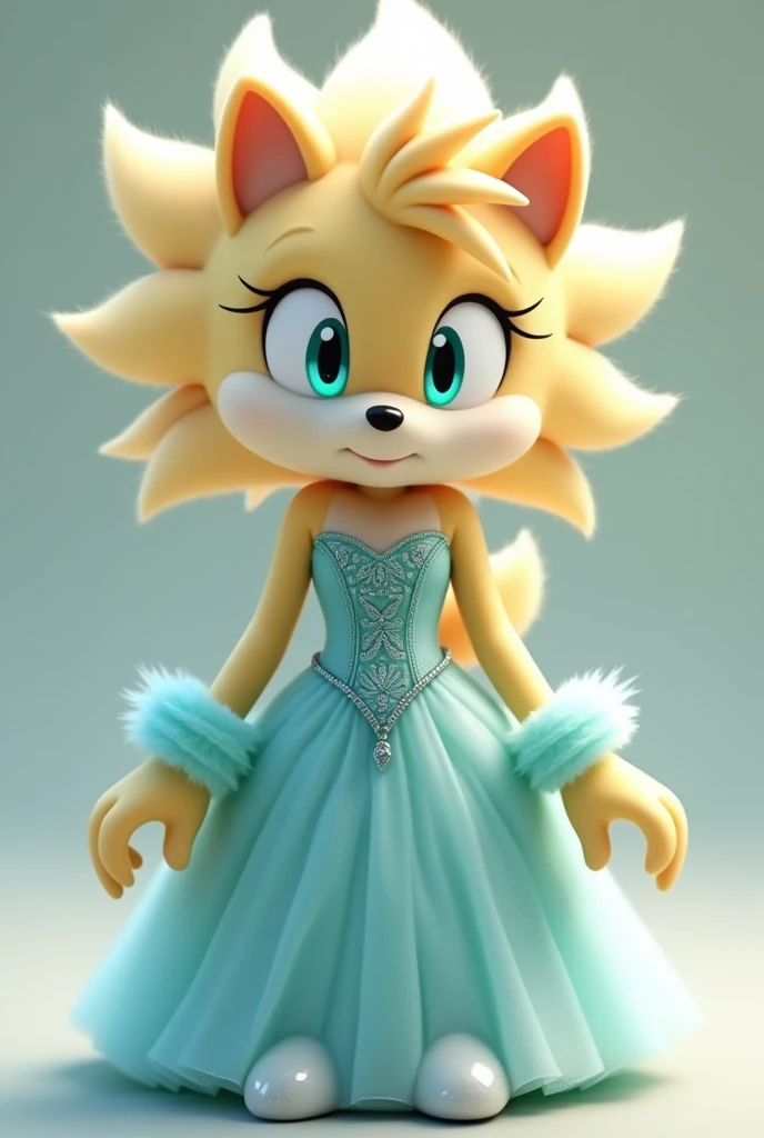 Humanoid hedgehog like Sonic, hedgehog with pastel yellow fur, aquamarine eyes and short wavy hair Aquamarine dress with light blue sparkly tulle sleeves,with fitted corset and long without ball