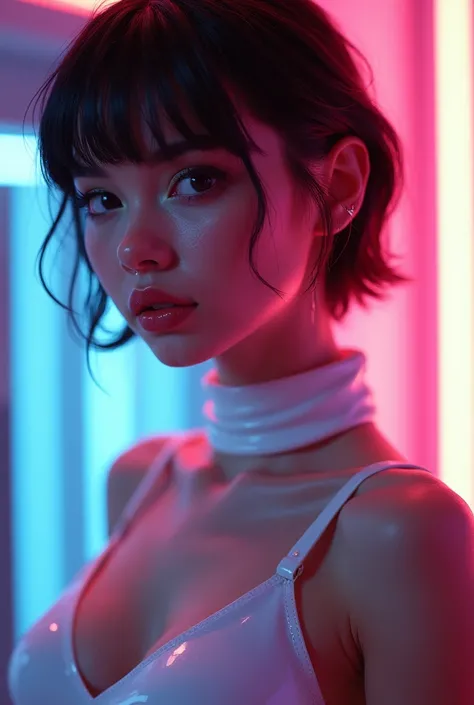 androgynous man, feminine looking man,, young, naked, short hair, septum piercing, dimples, thick collar around neck, naughty expression, white latex bodysuit, neon lights, close-up, UHD, retina, masterpiece, accurate, anatomically correct, textured skin, ...