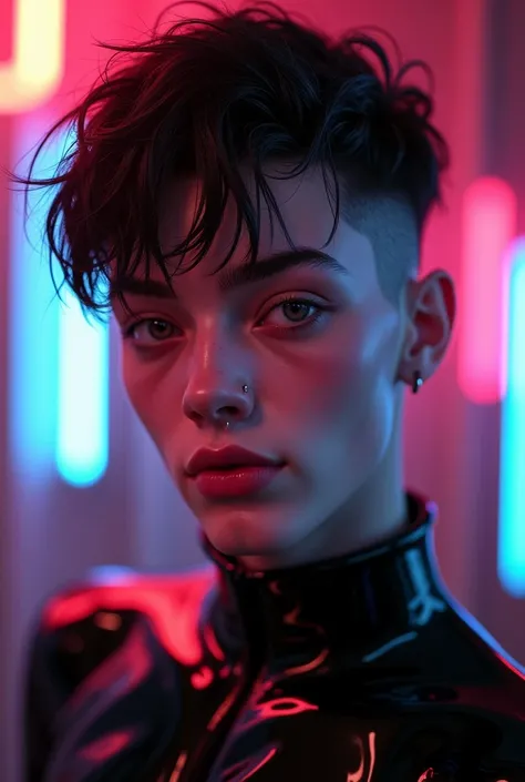 androgynous man, feminine looking man,, young, naked, short hair, septum piercing, dimples, thick collar around neck, naughty expression, black latex bodysuit, neon lights, close-up, UHD, retina, masterpiece, accurate, anatomically correct, textured skin, ...