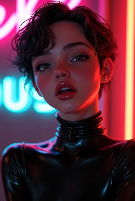 androgynous man, feminine looking man,, young, naked, short hair, septum piercing, dimples, thick collar around neck, naughty expression, black latex bodysuit, neon lights, close-up, UHD, retina, masterpiece, accurate, anatomically correct, textured skin, ...