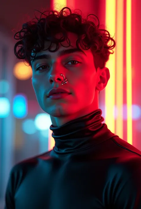 androgynous man, feminine looking man,, young, naked, very curly hair, septum piercing, dimples, thick collar around neck, naughty expression, black latex bodysuit, neon lights, close-up, UHD, retina, masterpiece, accurate, anatomically correct, textured s...