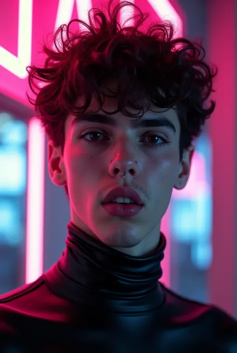 androgynous man, feminine looking man,, young, naked, very curly hair, septum piercing, dimples, thick collar around neck, naughty expression, black latex bodysuit, neon lights, close-up, UHD, retina, masterpiece, accurate, anatomically correct, textured s...