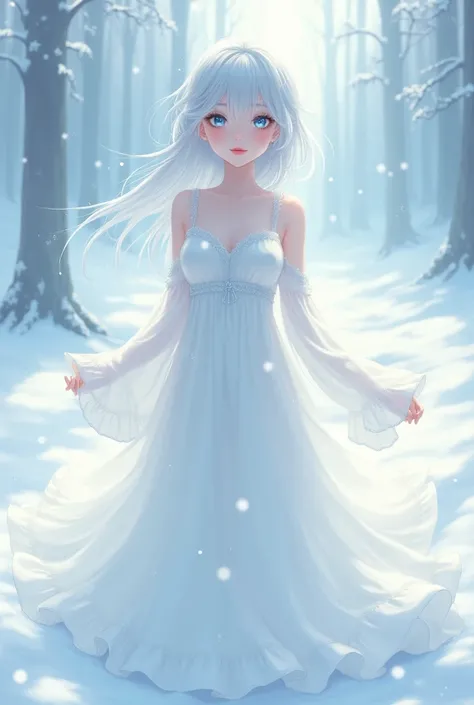 anime, , Whole body, by the wide, by white, blue eyes, white dress, unrealistic style snowy place background