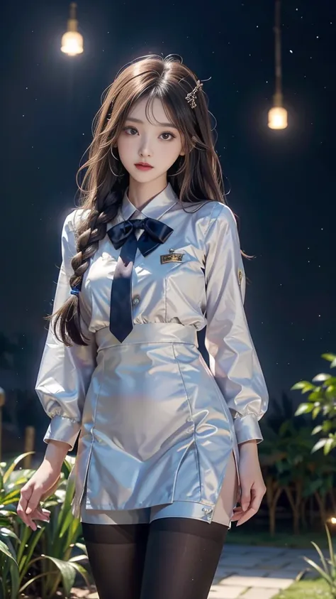 ulzzang-6500-v1.1, (RAW photo: 1.2), (Real photo), (Real photo: 1.4), 1 girl、Perfect anatomy、19 years old、Looking at the camera、Medium length hair、side braids, uniform short skirt, in a surreal royal garden, with many hanging lanterns, under the starry nig...