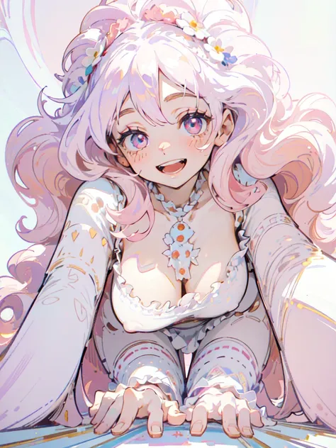 on all fours, big tits, showing the tongue, open mouth

(masterpiece,Highest quality, Very detailed, beautiful, Exquisite, 16K, Full HD), ((smile,Happy:1.5)),((Frills)), (Pink medium hair,Wavy Hair,Fluffy hair),(White skin,lavender eyes, Long eyelashes, Bi...