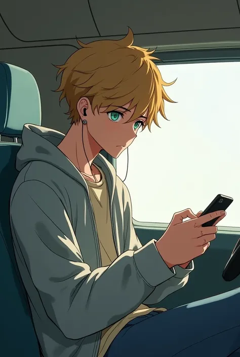 17 year old boy with golden hair, light sea green eyes white skin , Lean, with earrings in the ears, looking at his cell phone while sitting in a van with an earphone in one ear. アニメ