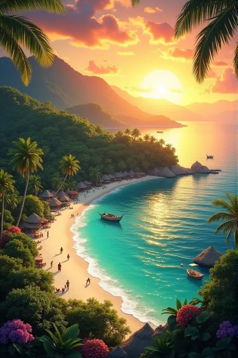 A sunset on a tropical island 
