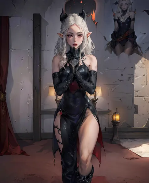 a devilish woman with long black hair,pale skin,red eyes,wearing an elf-like costume,in a dark and mysterious setting,(best quality,4k,8k,highres,masterpiece:1.2),ultra-detailed,(realistic,photorealistic,photo-realistic:1.37),dark fantasy,gothic,dramatic l...