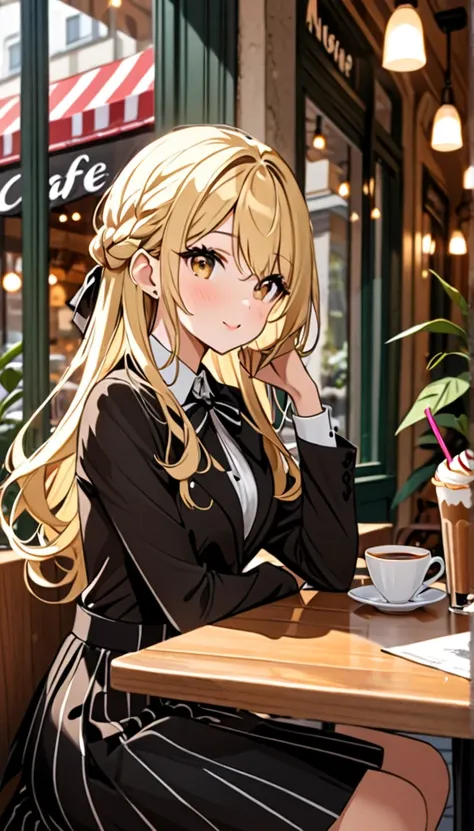 Beautiful and blond, dressed up for a date, cafe