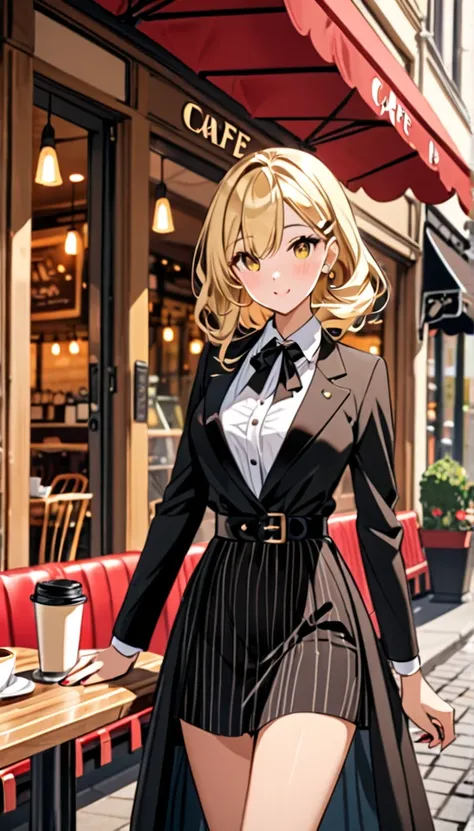 Beautiful and blond, dressed up for a date, cafe