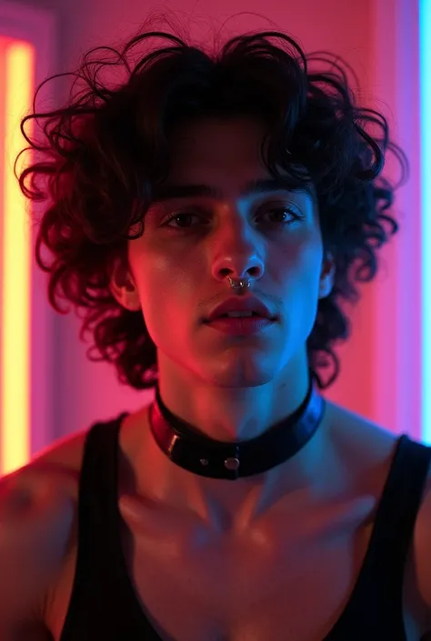 androgynous man, feminine looking man,, young, naked, very curly hair, septum piercing, dimples, thick collar around neck, naughty expression, black latex bodysuit, neon lights, close-up, UHD, retina, masterpiece, accurate, anatomically correct, textured s...