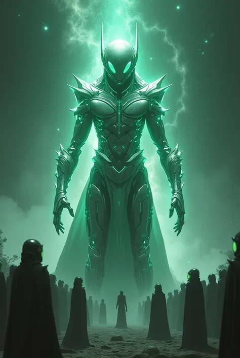 "A being with phosphorescent green skin with a soft glow, Big eyes that shine like cosmic gems with blue-green hues. He wears silver metal armor with a futuristic design., reflecting the flashes of space. The posture is imposing, showing authority and wisd...