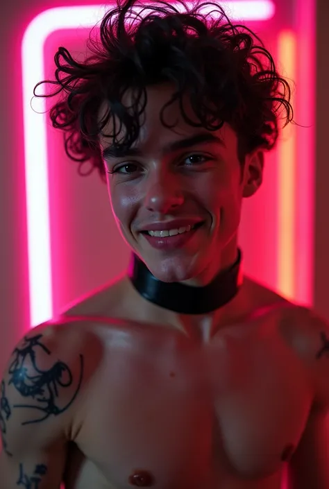 androgynous man, feminine looking man,, young, naked, very curly hair, dimples, thick collar around neck, naughty expression, black latex bodysuit, neon lights, close-up, UHD, retina, masterpiece, accurate, anatomically correct, textured skin, super detail...