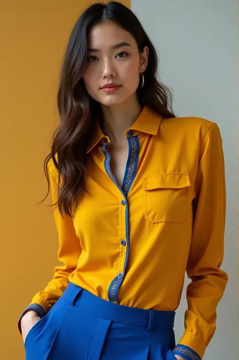 Image of mustard-colored shirt with blue details