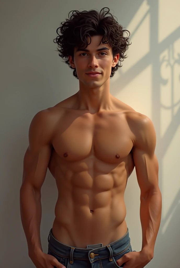 Swarthy curly-haired boy in underpants and with abs 