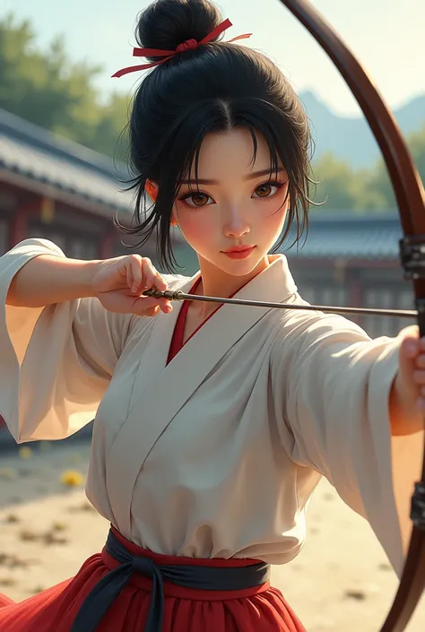 A cool illustration of archery, a beautiful Japanese club activity girl, the arrow is firmly attached to the cheek, the arrowhead is made of iron, the background is a Japanese archery range, the arrow does not penetrate the nose、Photograph the whole body w...