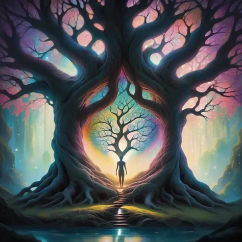 A captivating portrait features a figure in a serene meditation pose, nestled within the embrace of a massive tree. The figure is surrounded by an ethereal environment where the trees leaves are intricately shaped like fractal DNA strands, glowing softly w...