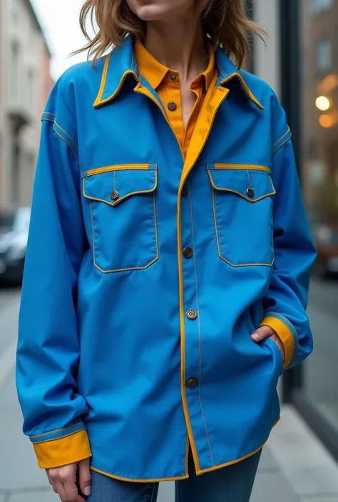 Image of blue shirt with mustard-colored details 
