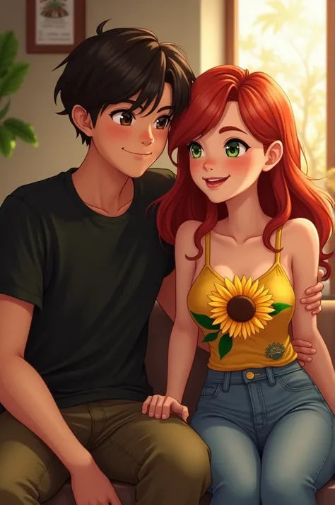 A young man with dark hair and olive skin, dressed in a black shirt and black cargo pants, is sitting next to his friend. The friend has red hair and green eyes, with details like a sunflower on her outfit and fair skin with some brown freckles. Both are d...