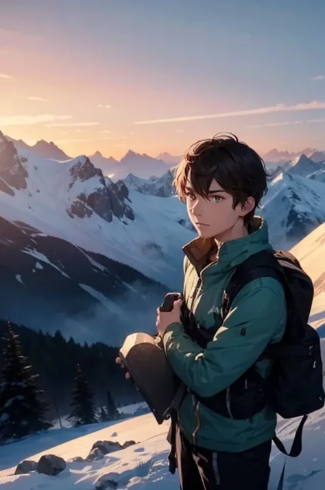 an image of a young man on a mountain with snow-capped peaks and a clear sky at dawn. The man must have fair skin, short brown hair, green eyes, and be dressed in climbing clothing. He must be holding an ice ax with an expression of determination. Use 8k r...