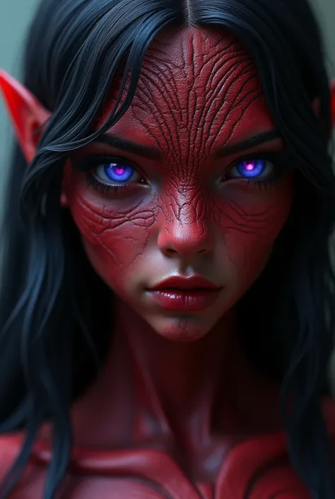 a girl with red skin, long black hair, lizard humanoid body, purple glowing eyes, intricate detailed body scales, beautiful detailed eyes, beautiful detailed lips, extremely detailed face and features, 8k, hyperrealistic, award winning digital art, concept...