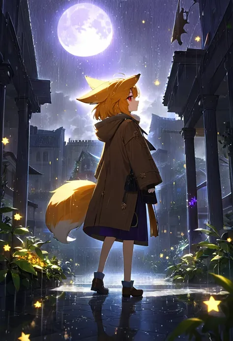 masterpiece, best quality, 4K，Ultra-delicate, Shota the fox, solo, Skin fur, Golden fur, Golden yellow face fur, Red eyes, Brown elements on fur, Brown coat brown hood up, Beautiful lights and shadows, Ambient light, Ultra-fine fur, natural  lighting, Fluf...