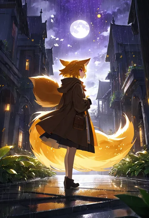 masterpiece, best quality, 4K，Ultra-delicate, Shota the fox, solo, Skin fur, Golden fur, Golden yellow face fur, Red eyes, Brown elements on fur, Brown coat brown hood up, Beautiful lights and shadows, Ambient light, Ultra-fine fur, natural  lighting, Fluf...