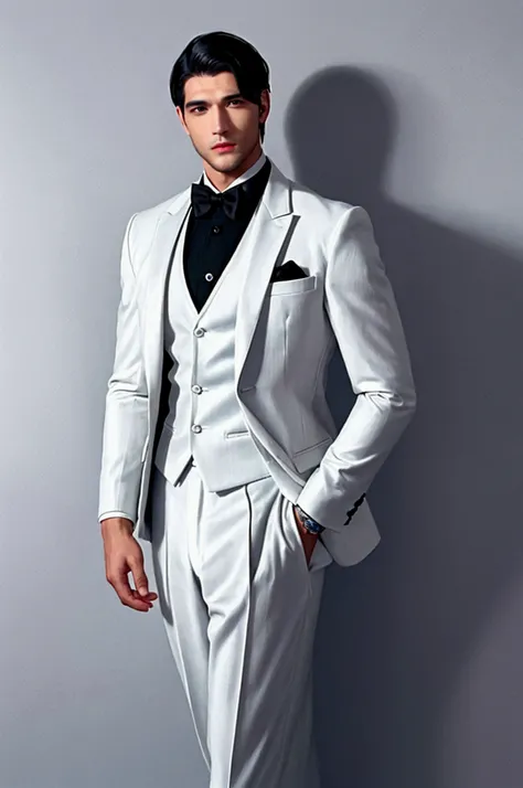 man, tall body with muscles, white hair, grey eyes, White skin color, dressed in a black formal suit, otro man de cuerpo delgado, Black hair, short, with white suit, kissing