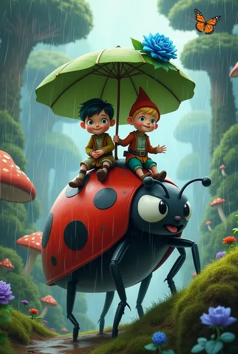 Please make this image in Cartoon two boys dressed as gnomes are in a beautiful and huge forest where everything is bigger than them and they are riding a giant ladybug it is a beautiful rainy day one of the boys is holding a giant leaf that has a very bea...