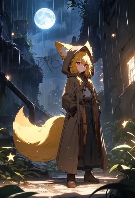 masterpiece, best quality, 4K，Ultra-delicate, Shota the fox, solo, Skin fur, Golden fur, Golden yellow face fur, Red eyes, Brown elements on fur, Brown coat brown hood up, Beautiful lights and shadows, Ambient light, Ultra-fine fur, natural  lighting, Fluf...