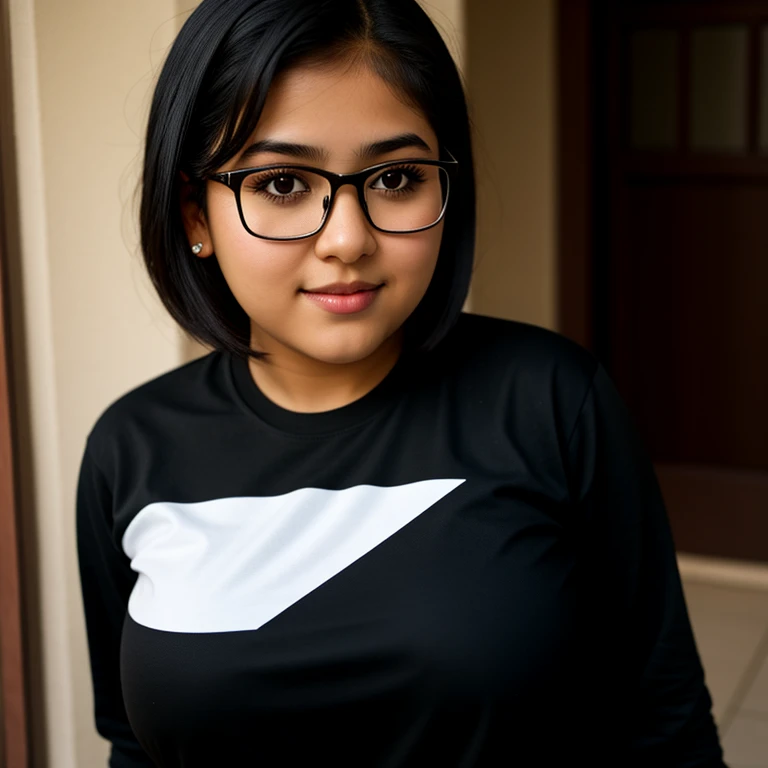 beautiful detailed, cute face, short, mexican teen, slightly chubby, medium black hair, black hair over one eye, glasses, long sleeve T-shirt, long pants, pearshaped wide hips, solo, voluptuous breasts,