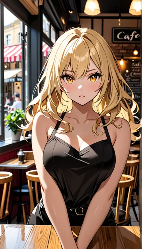 Beautiful and blond, cafe, wearing black, free arms, looking seductively at the viewer 