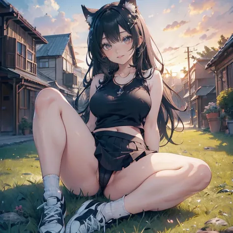 Anime Kawaii sexy Perfect Slim sensual body large breast and huge thighs, An intricate and highly detailed illustration of anime (Young girl)  Top view, flirtatious look, sweet smile, right hand arranging her hair, black hair, long, cat ears, silver eyes, ...