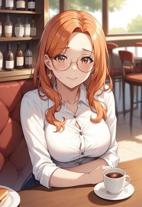 Adult, female, mature, androgenous, short orange hair, messy orange hair, orange hair,  perfect brown eyes, perfect brown irises, slim figure, panicking, cafe, shy, anxious, nervous, round glasses, Masterpiece, Anatomically Correct, Accurate, Best Quality,...