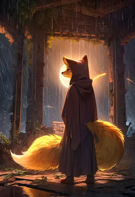 masterpiece, best quality, 4K，Ultra-delicate, Shota the fox, solo, Skin fur, Golden fur, Golden yellow face fur, Red eyes, Brown elements on fur, Brown coat brown hood up, Beautiful lights and shadows, Ambient light, Ultra-fine fur, natural  lighting, Fluf...