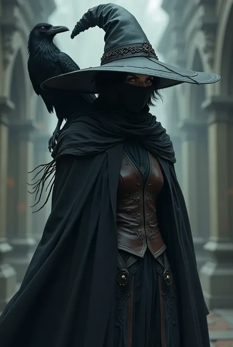 Female gray Shadar-kai with short black hair, a cloth over the eyes and a huge witch&#39;s hat and an overcoat with a leather vest and a six-eyed raven over the shoulder