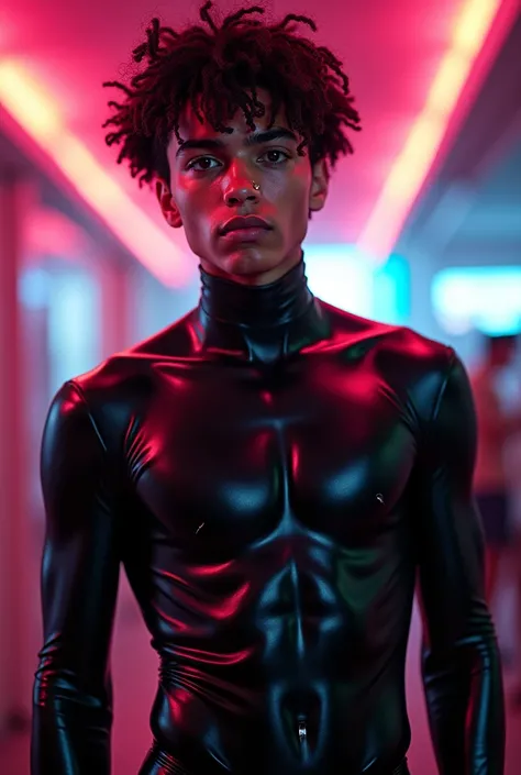 black man, man, feminine looking man, no breasts, young, naked, very curly hair, septum piercing, dimples, dominant expression, black latex bodysuit, neon lights, close-up, UHD, retina, masterpiece, accurate, anatomically correct, textured skin, super deta...