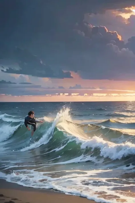 an image of a young man on a beach with strong waves and a stormy sky, at dusk. The man must have dark skin, short black hair, brown eyes, and be dressed in a surfer outfit. He must be watching the sea with a brave expression. Use 8k resolution, with drama...