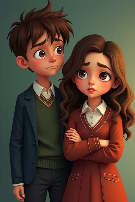 create an image of a boy with straight brown hair, brown eyes like the boy from Chiquititas and a girl with curly brown hair of average height with dark eyes and light brown skin, they are 11 years old and must be CRYING WITH SADNESS and the boy also has a...