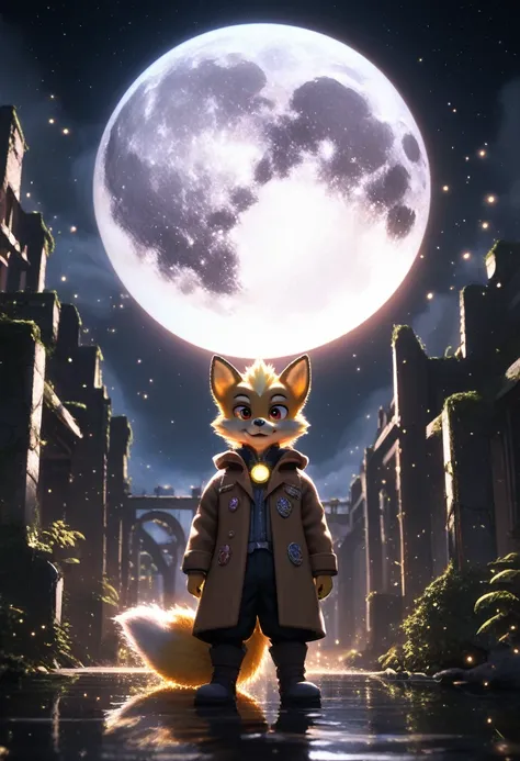 masterpiece, best quality, 4K，Ultra-delicate, Shota the fox, solo, Skin fur, Golden fur, Golden yellow face fur, Red eyes, Brown elements on fur, Brown coat brown hood up, Beautiful lights and shadows, Ambient light, Ultra-fine fur, natural  lighting, Fluf...