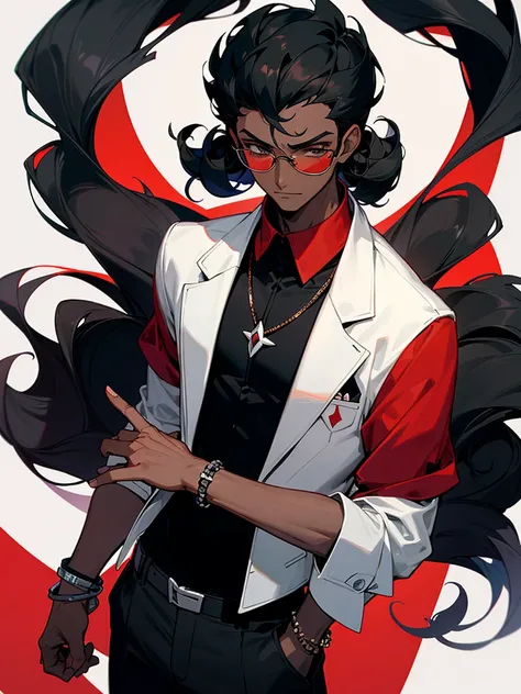 Image of a dark-skinned boy with curly black hair wearing black glasses, a white bracelet with black details and a red shirt and a long black jacket on top, with design based on the style of a pokemon trainer.