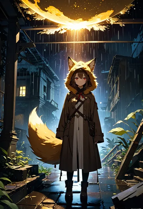 masterpiece, best quality, 4K，Ultra-delicate, Shota the fox, solo, Skin fur, Golden fur, Golden yellow face fur, Red eyes, Brown elements on fur, Brown coat brown hood up, Beautiful lights and shadows, Ambient light, Ultra-fine fur, natural  lighting, Fluf...