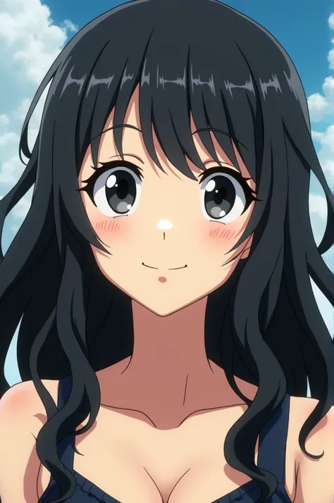 Anime style screenshot of boku no hero academia Girl with wavy black hair divided into two strands, big black eyes and long eyelashes, medium build and smiling