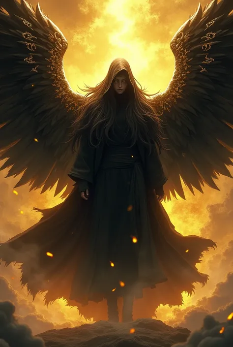 Madara Uchiha with long black warrior hair with a golden aura and black wings with golden Hebrew letters inscribed on them with a menacing look and a hood covering his face
