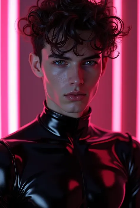 man, skinny, feminine looking man, no breasts, young, naked, very curly hair, dimples, dominant expression, black latex bodysuit, neon lights, close-up, UHD, retina, masterpiece, accurate, anatomically correct, textured skin, super detail, high details, hi...