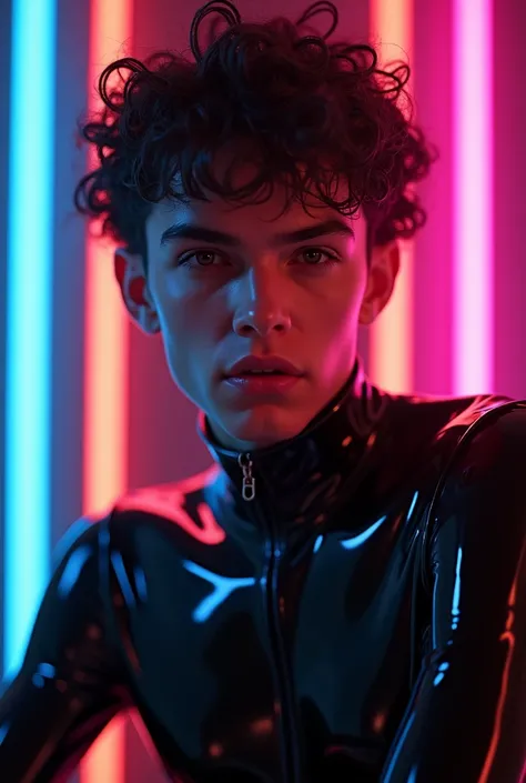 man, skinny, feminine looking man, no breasts, young, naked, very curly hair, dimples, dominant expression, black latex bodysuit, neon lights, close-up, UHD, retina, masterpiece, accurate, anatomically correct, textured skin, super detail, high details, hi...