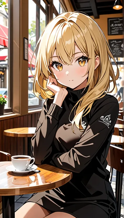 Beautiful and blond, cafe, wearing black, free arms, looking sitting across the viewer , intrested 